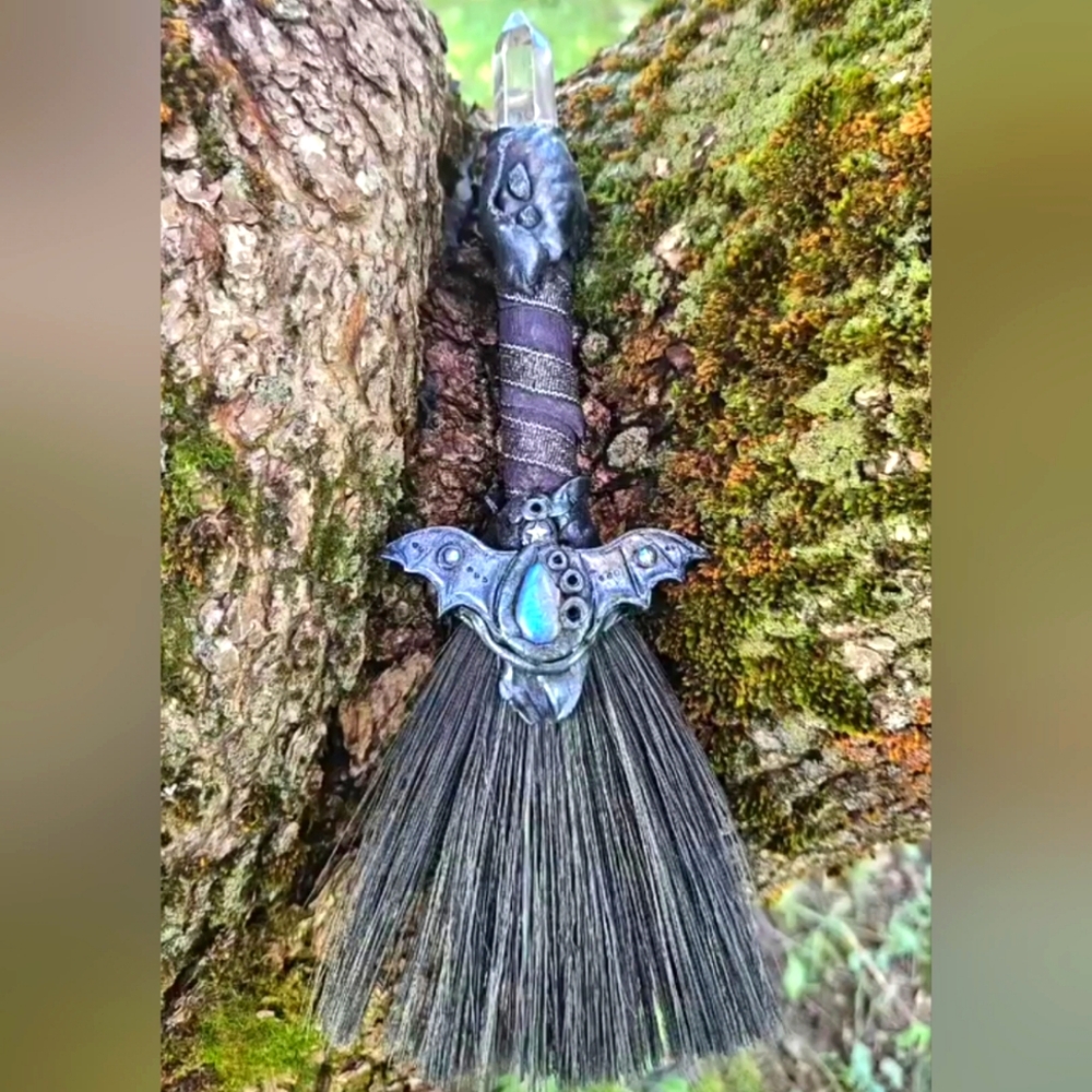 Clear quartz bat moonstone Mini Witch broom